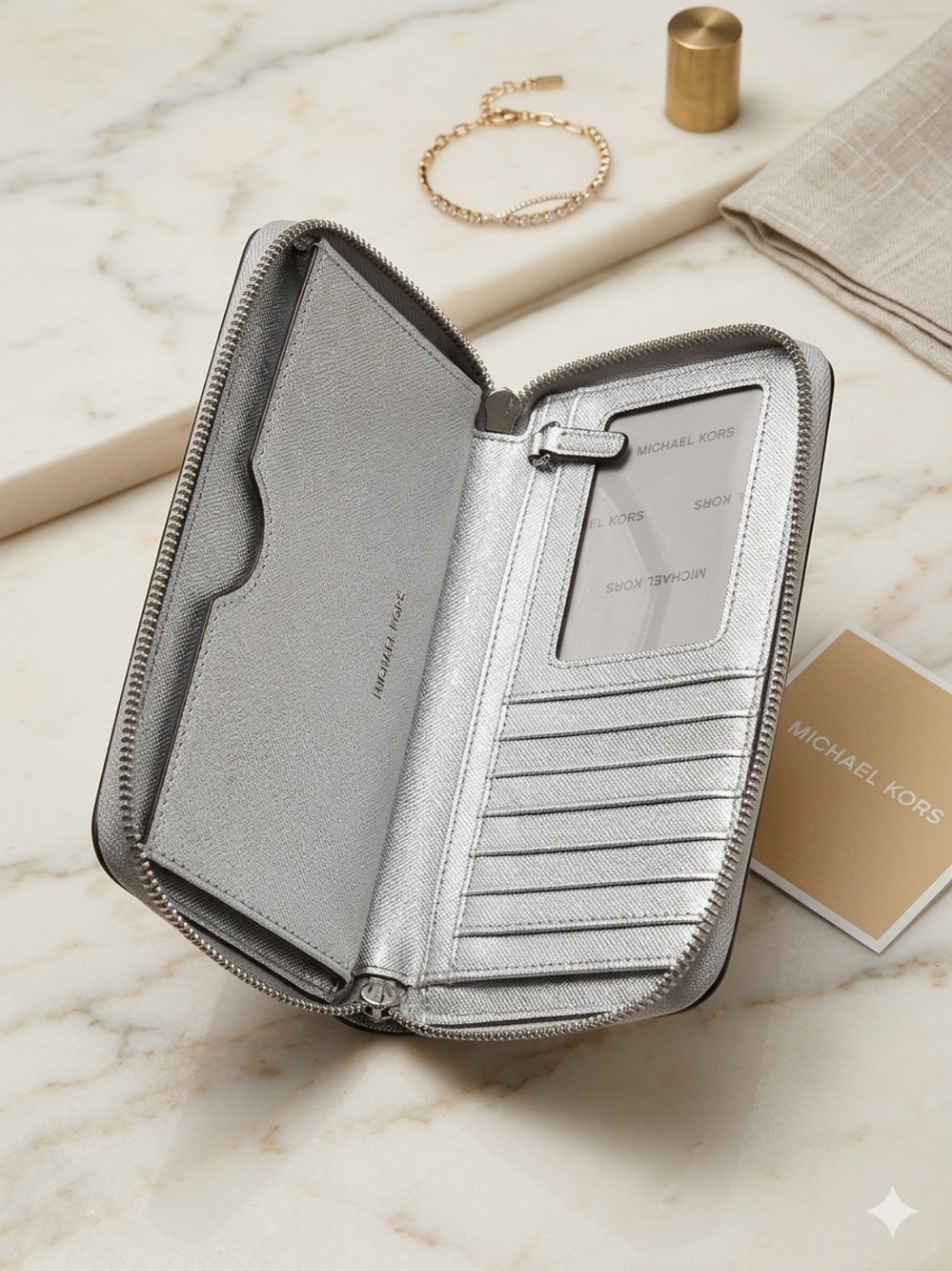 Michael Kors Silver Metallic Glitter Wristlet Clutch with Detachable Strap - Picture 4 of 7